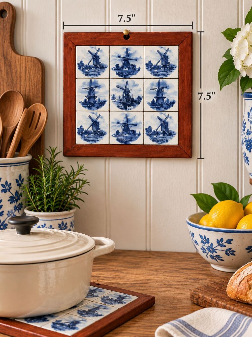 Vintage Delft Blue Windmill Tile Trivet Wall Hanging 7.5" Square Frame Dutch